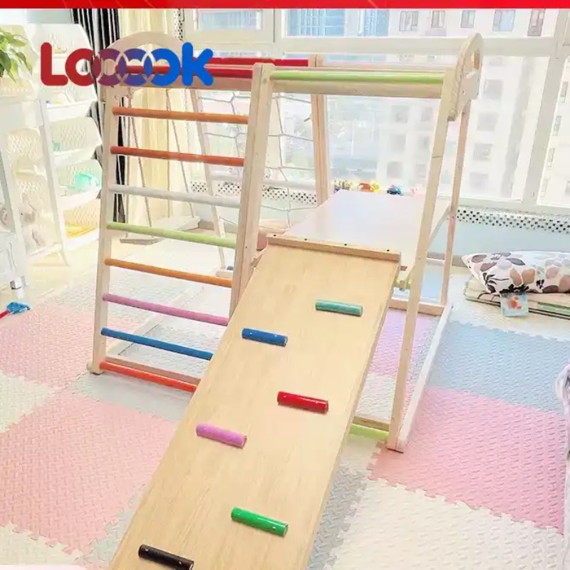 Home Gym For Toddlers - 多機能木製幼児用クライマーセット 室内滑り台ブランココンボ 家庭用ベビープレイジム カラフルクライミングラダー 早期トレーニング玩具