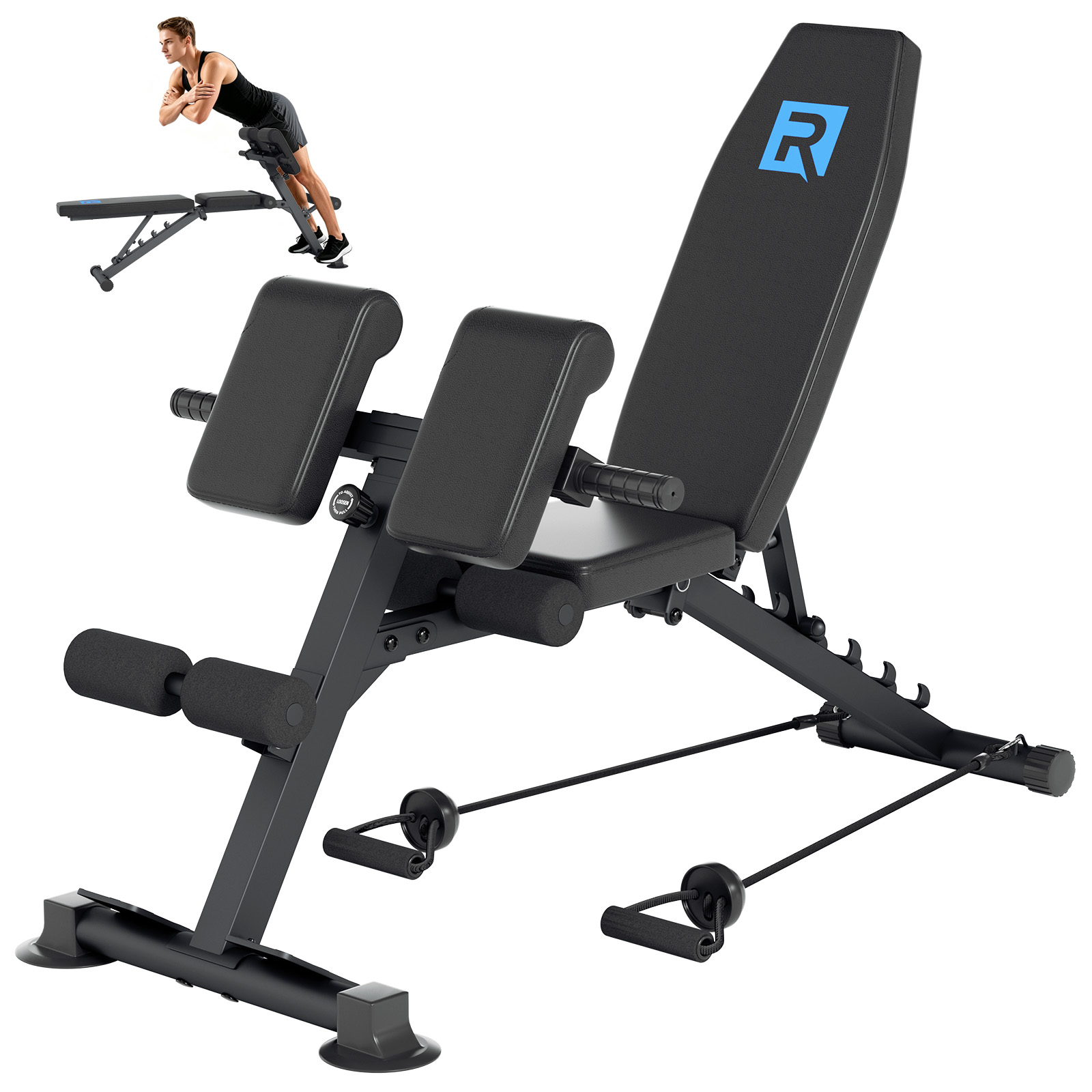 Home Gym Full Setup - 多機能調整可能なウェイトベンチ 10段階の座席位置 6段階の背もたれ角度 5mm厚のスチール製三角形構造 耐荷重660ポンド 2本の抵抗バンド付き