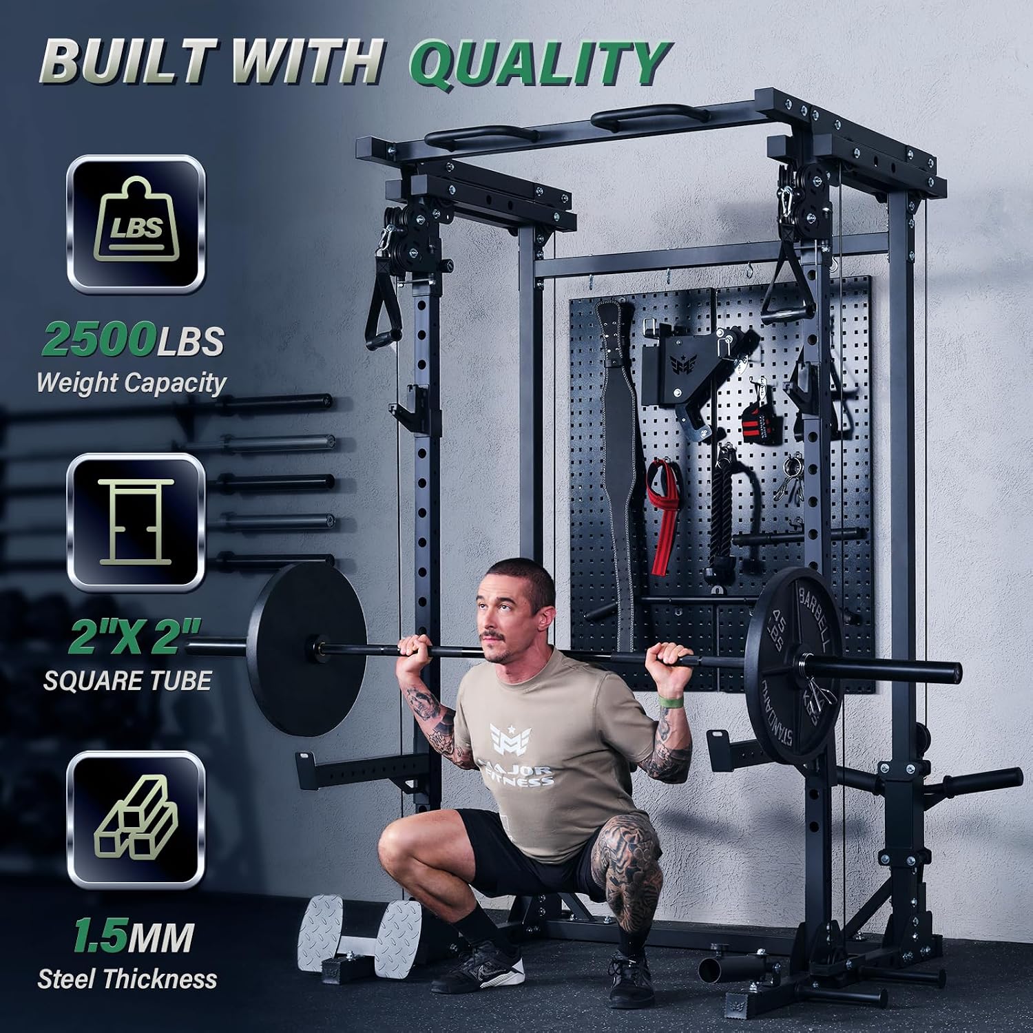 Home Gym Pulley System - Drone3パワーラック、2500ポンド多機能ホームジムスクワットラック（デュアルプーリーシステム、懸垂バー＆Jフック付き）、カスタム仕様