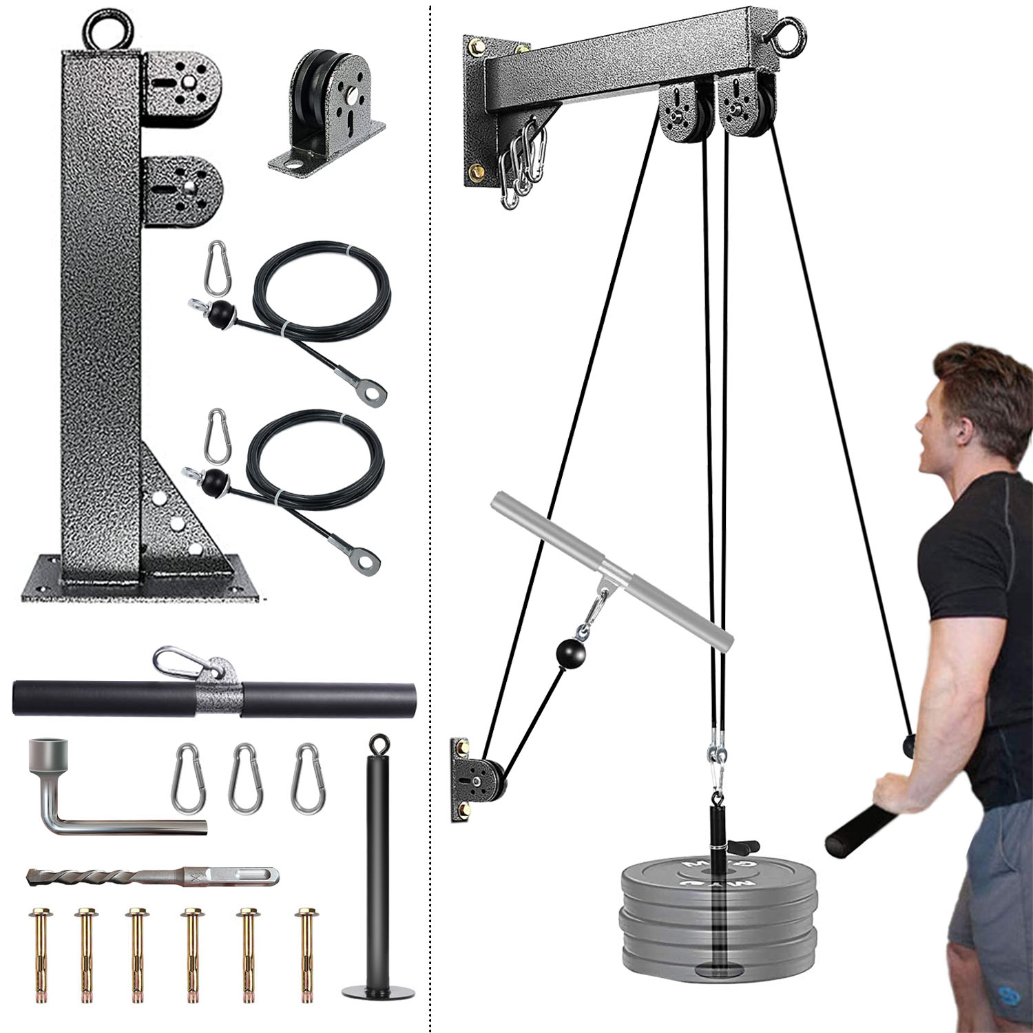Home Gym Pulley System - 壁に取り付けられたフィットネスプーリーシステム、ウェイトケーブル、ジムの筋力トレーニング、フラットプルダウンに適しています