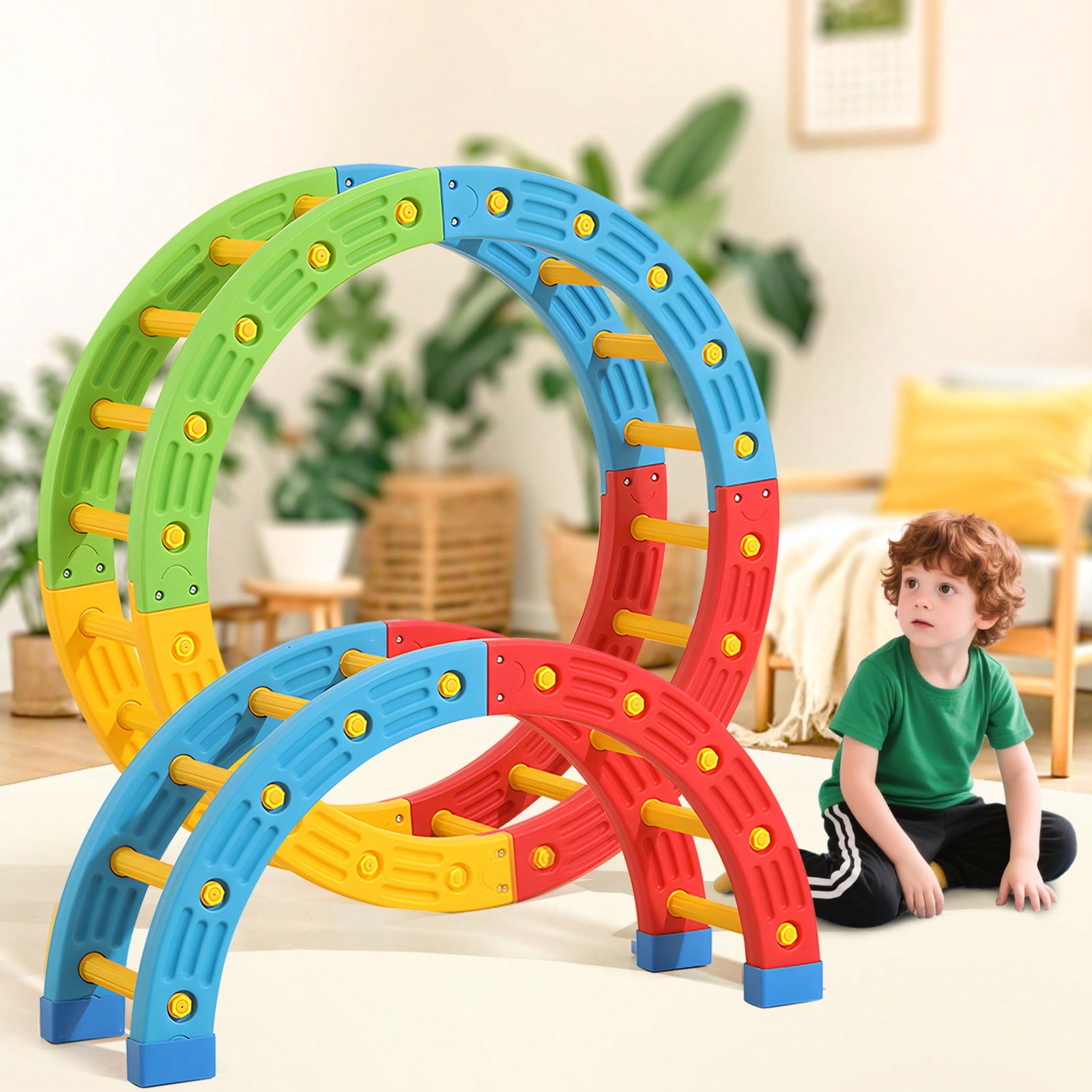 Home Gym For Toddlers - GCCSJ 2-in-1 折りたたみ式幼児用クライミングトイ – 室内バランス遊び用のS字型/丸型ロッキングリングに変形可能、3歳以上のお子様向け大型モンテッソーリアクティビティジム、家庭のプレイルームや保育園向け省スペース設備（2種類）