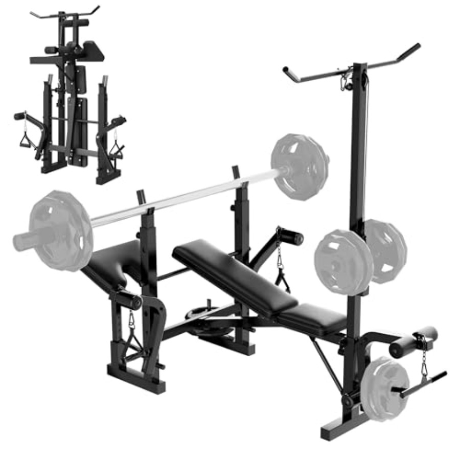 Home Gym Leg Press - ホームジムウェイトベンチセット：スチールフレームブラック多機能ベンチプレス、プリーチャーカール、チェストフライ、レッグエクステンション、レッグカール、ラットプレス用