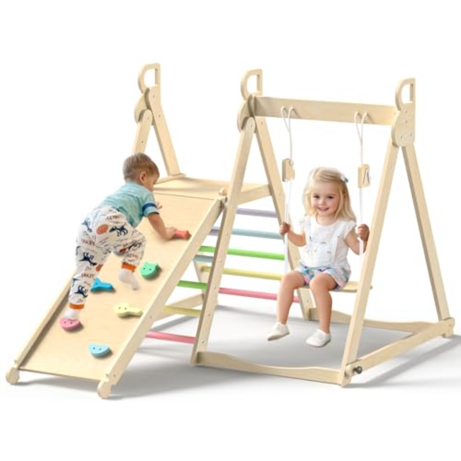 Home Gym For Toddlers - 家庭用屋内幼児用ジャングルジム、折りたたみ式木製クライミングセット（レインボーカラー）、ブランコ、滑り台、はしご、クライミング機能付き